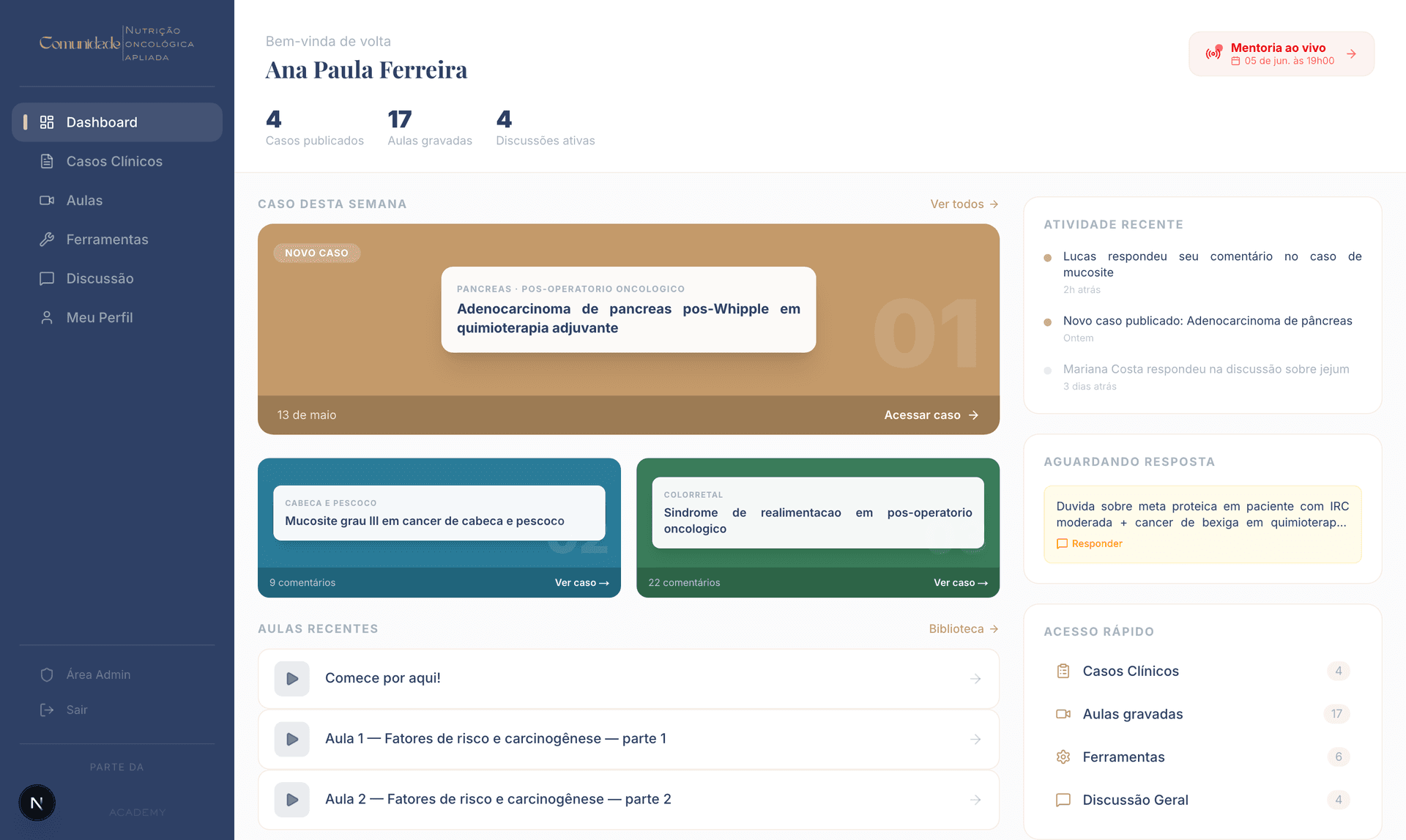 Painel do app de prática clínica em nutrição oncológica